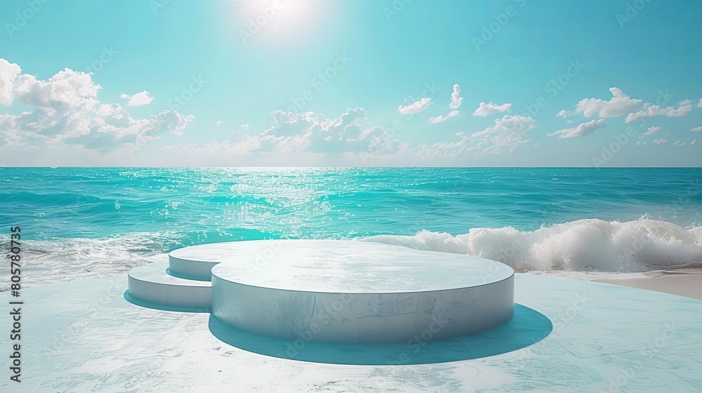 Serene beach setting with a stylish 3D podium, product spotlight under a clear blue sky