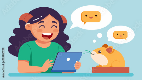 A young girl giggling as she reads funny messages from her pet hamster that are being translated by the device.. Vector illustration