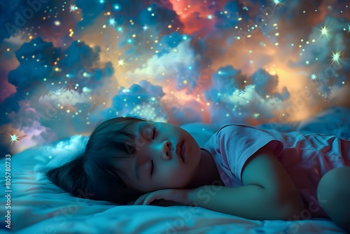 A child sleeps on a mattress and a dream appears at the top of the picture.