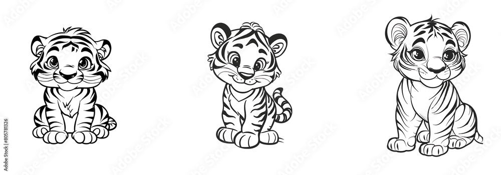 Obraz premium Black & white tiger cartoon with different angle positions sitting on transparent background cutout, PNG file.