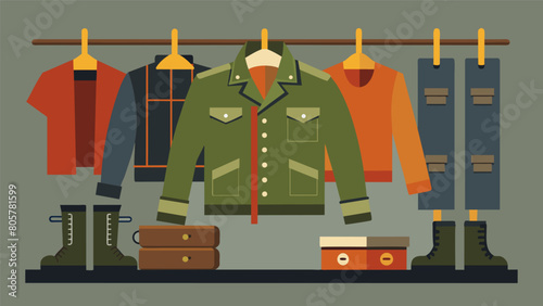 An industrialstyle rack displaying a mix of militaryinspired jackets distressed jeans and chunky combat boots.. Vector illustration