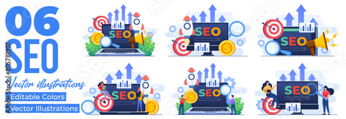 Set of flat illustrations of  Search engine optimization concepts, SEO growth