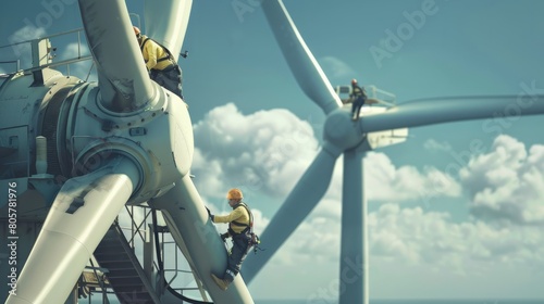 Workers on windmill in ocean environmental concept wind energy hyper realistic 