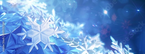 A blue background with low poly white snowflakes, glowing and sparkling in the center of an abstract geometric pattern. The overall tone is cool and soft, creating a dreamy atmosphere.