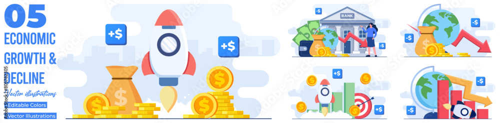 Set of flat illustrations of financial crisis, Economic recession, Market crash, Bankruptcy, Company failure, Debt, Financial and economic growth, Financial success, and money growth Set of flat illustrations of financial crisis, Economic recession, Market crash, Bankruptcy, Company failure, Debt, Financial and economic growth, Financial success, and money growth