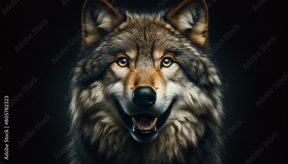 Close-up of a wild gray wolf's head in profile, illuminated at night Close-up of a wild gray wolf's head in profile, illuminated at night