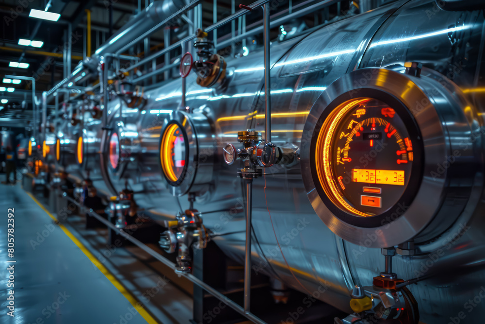 Close-up of high-precision pressure gauges in a modern brewery with illuminated readings.