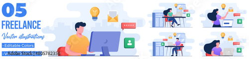 Set of flat illustrations of freelancer at a convenient workplace  