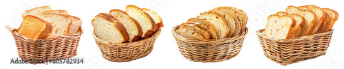 Sliced toast bread in basket isolated on white background, png set