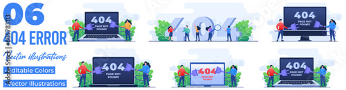 Set of flat illustrations of  404 error, System error, Broken page, Cable and socket, Page not found