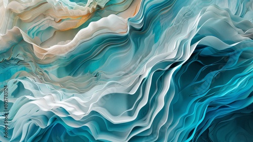 the serenity of abstract 3D artistry, where organic shapes and textures meld seamlessly against a backdrop of tranquil blue and turquoise hues photo