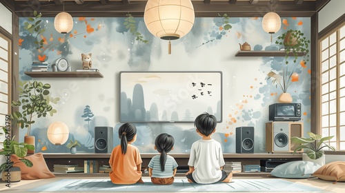 A family sits and chats happily inside a house decorated with furniture and technology.