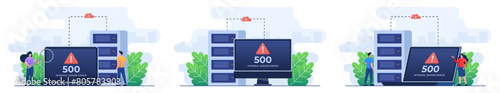 Set of flat illustrations of 500 Internal server error, Website error, Network error, Cloud computing