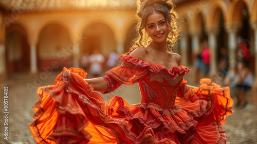 A Spanish woman dances flamenco in a red traditional dress in a square on a sunny day photo
