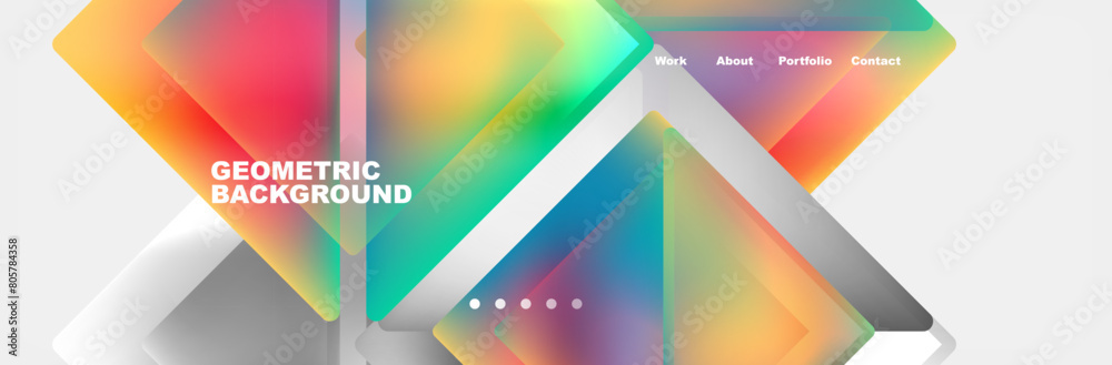 A vibrant geometric background featuring colorful triangles in shades of orange, magenta, and electric blue on a clean white backdrop. The pattern is both artistic and technologically inspired