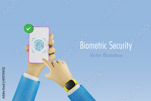Fingerprint biometric scanning to access on mobile. Cyber security, digital banking, online financial security system innovation technology.  3D vector.