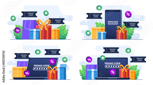 Set of flat illustrations of using promo code on online shopping checkout, Discount code, Gift voucher, Gift card, Bonus, Promotion campaign