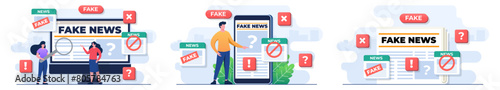 Set of flat illustrations of fake news concepts, false information on online news, Press, Junk news content, Disinformation in newspaper 