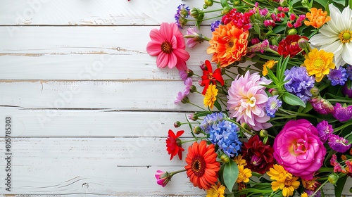 bouquet of colorful flowers on white wooden planks