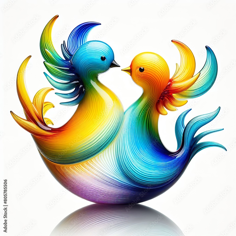 Obraz premium A stunning blown glass sculpture of a playful, couple bird with seamlessly blended rainbow colors, white background