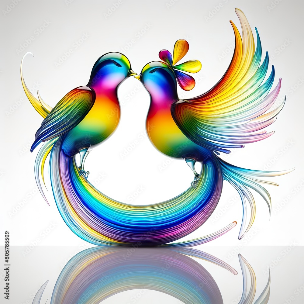 Obraz premium A stunning blown glass sculpture of a playful, couple bird with seamlessly blended rainbow colors, white background