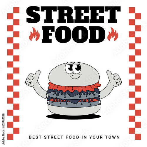 Funky burger card in retro groovy style. Trendy illustration. Cool mascot for cafe, bar, restaurant. Vector illustration