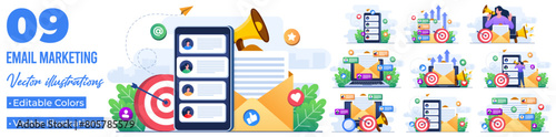 Set of flat illustrations of email marketing concepts, Online business strategy, Advertising, Email newsletter, messaging, Marketing materials