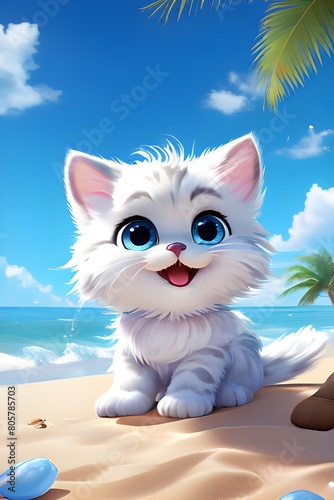  AI Generated Realistic 3D Illustration Of A Cat On The Beach Against A Bright Blue Sky