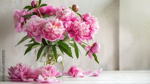 fresh bouquet of peonies in a glass jar on a white wooden table