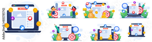 Set of flat illustrations of Blog article creation, Content creation, Blog monetization, Making money online