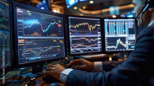 Close-up of a stock broker's hands analyzing charts and data on multiple screens, focus on screens. Business concept for stock market. financial chart graphs concept © AvectStock