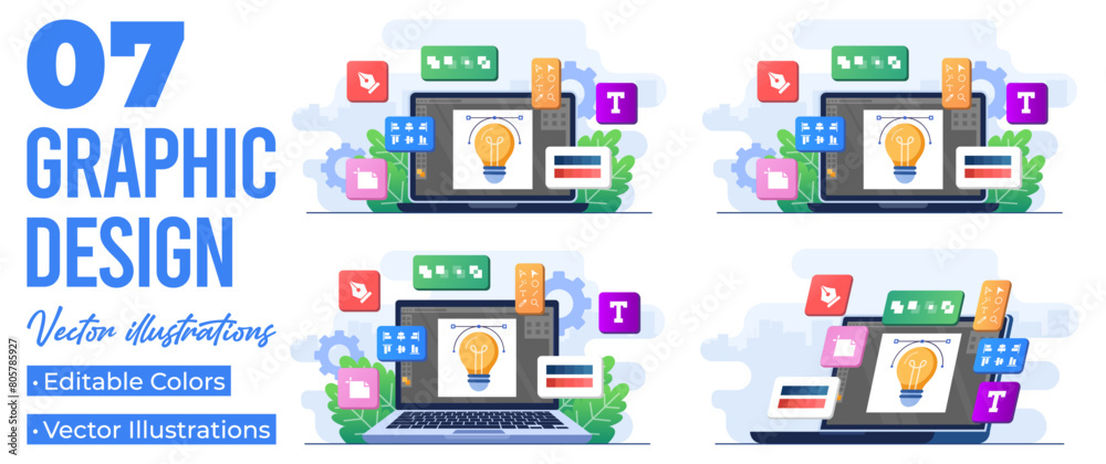 Set of flat illustrations of graphic design software application on device screen, Design tools, symbols, icons and elements on screen, Creators at work, Graphic designing, designer Set of flat illustrations of graphic design software application on device screen, Design tools, symbols, icons and elements on screen, Creators at work, Graphic designing, designer