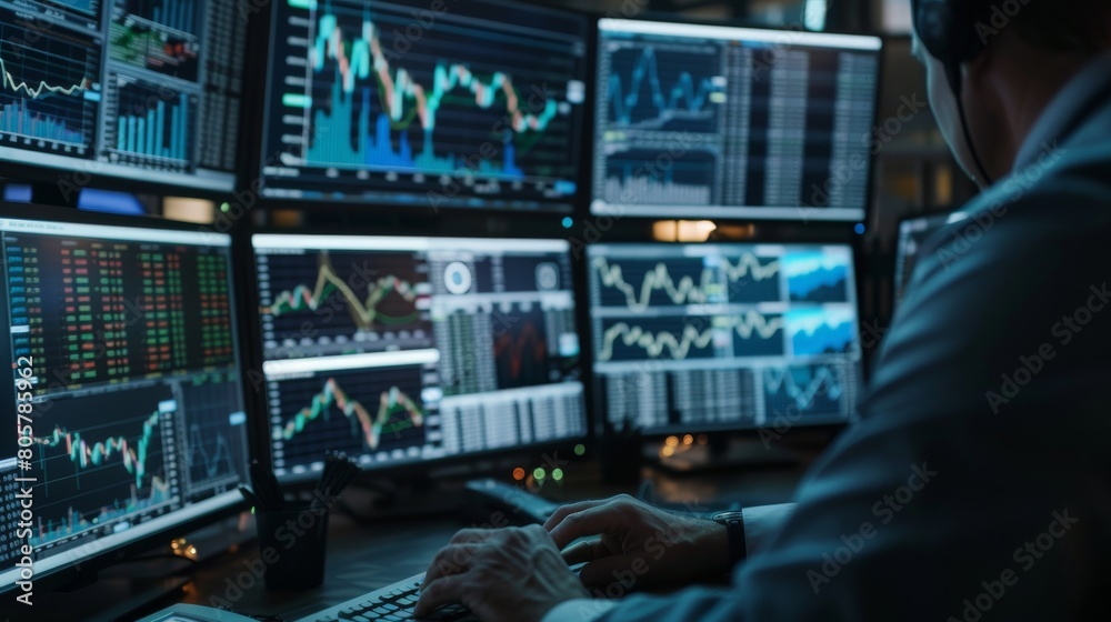 Close-up of a stock broker's hands analyzing charts and data on multiple screens, focus on screens. Business concept for stock market. financial chart graphs concept Close-up of a stock broker's hands analyzing charts and data on multiple screens, focus on screens. Business concept for stock market. financial chart graphs concept