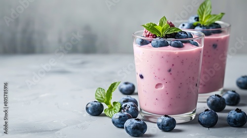 Two glasses of blueberry yogurt with blueberries on a light gray stone background