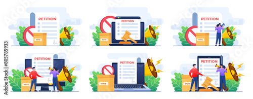 Set of flat illustrations of petition, Petition form, Making choice, balloting Paper, Democracy, Public appeal document, Complaint, Online petition