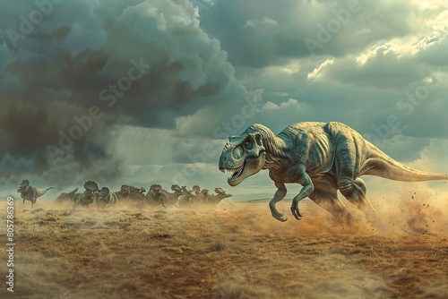 A dynamic scene of an adult Tyrannosaurus Rex chasing a herd of Triceratops  dust kicking up under their feet  in an open plain with a storm brewing overhead