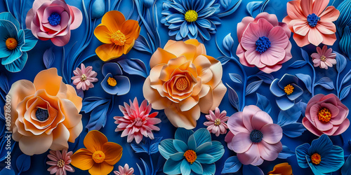 A colorful bouquet of flowers is displayed on a blue background