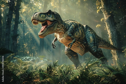 A photograph of a Tyrannosaurus Rex in a dynamic pose, roaring, in a lush Jurassic forest. Vivid greens of ferns and towering trees, a misty backdrop with rays of sunlight piercing through © stardadw007