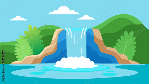 A small waterfall cascading into a natural pool offering a refreshing stop for stretching and dipping your feet in the cool water.. Vector illustration