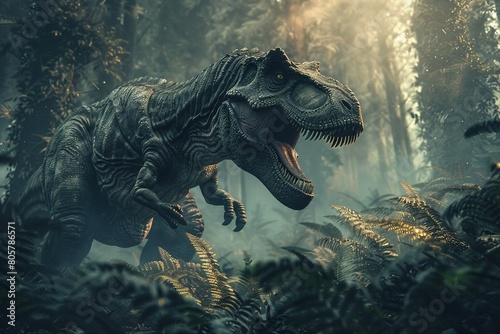 A photographic style of a Tyrannosaurus Rex  dark green scales  in a dynamic pose  roaring at an unseen adversary  in the foreground of a dense  prehistoric jungle
