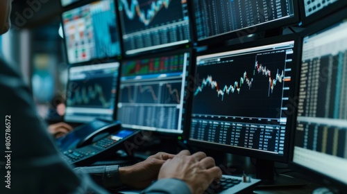 Close-up of a stock broker's hands analyzing charts and data on multiple screens, focus on screens. Business concept for stock market. financial chart graphs concept