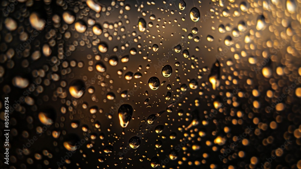 A closeup of raindrops on glass, with the background showing an abstract gradient of black and brown hues. The focus is on capturing intricate details in each droplet. A closeup of raindrops on glass, with the background showing an abstract gradient of black and brown hues. The focus is on capturing intricate details in each droplet.