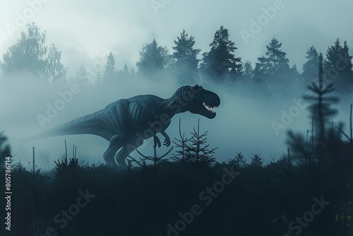 A T-Rex emerging from a foggy forest at dawn  its silhouette barely visible in the mist