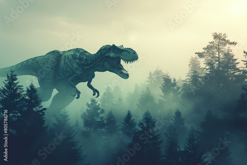 A T-Rex emerging from a foggy forest at dawn, its silhouette barely visible in the mist photo