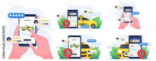 Set of flat illustrations of  Find a taxi driver online, Online taxi, Taxi service application, Rent and share car, Remote vehicle sharing, Navigation pin