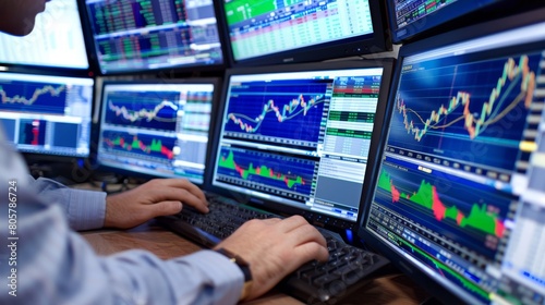 Close-up of a stock broker's hands analyzing charts and data on multiple screens, focus on screens. Business concept for stock market. financial chart graphs concept