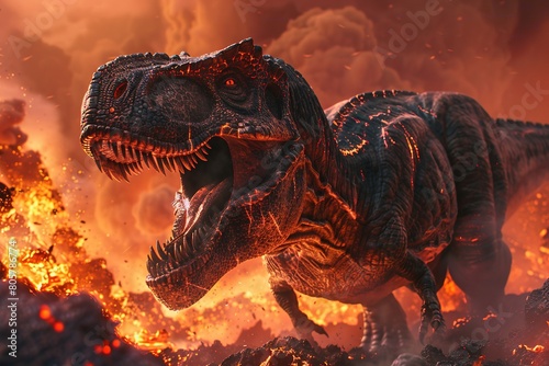 A Tyrannosaurus Rex roaring at the edge of a volcanic landscape, lava flowing in the background © stardadw007