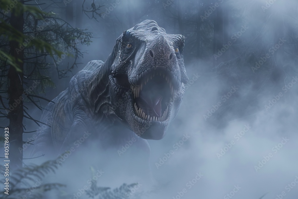 Obraz premium An atmospheric scene of a Tyrannosaurus Rex emerging from a foggy forest, its eyes fixed on an unseen prey, the dense mist swirling around its massive form, creating a mysterious and suspenseful mood