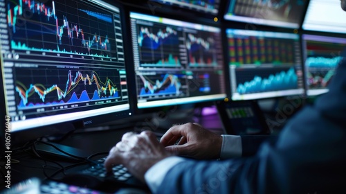 Close-up of a stock broker's hands analyzing charts and data on multiple screens, focus on screens. Business concept for stock market. financial chart graphs concept