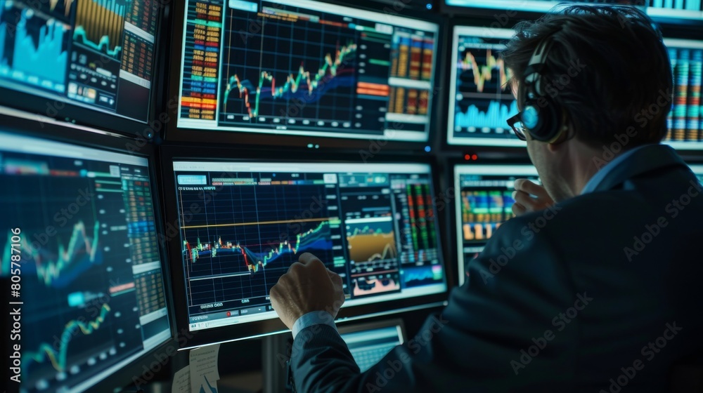 Close-up of a stock broker's hands analyzing charts and data on multiple screens, focus on screens. Business concept for stock market. financial chart graphs concept Close-up of a stock broker's hands analyzing charts and data on multiple screens, focus on screens. Business concept for stock market. financial chart graphs concept